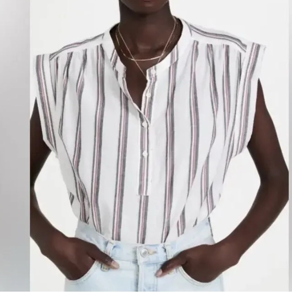 XIRENA‎ Merrick Top in Tusk 100% Cotton Lightweight White Striped Button Down S